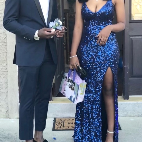 Primavera Navy Blue Sequin Prom Dress - Picture 2 of 3